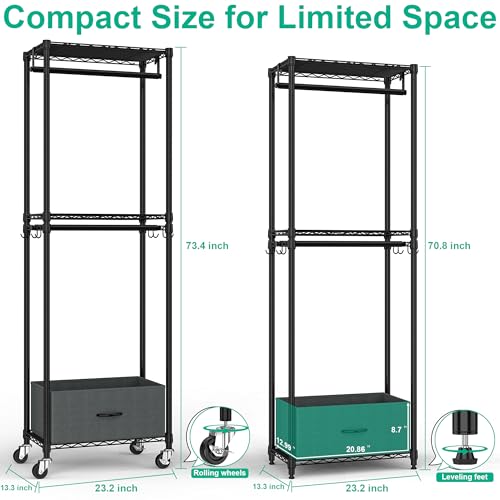 Folews Rolling Clothes Rack, 3 Tier Garment Rack for Hanging Clothes, Metal Wire Wardrobe with Drawer Rods Portable Closet Organizer Freestanding Clothing Shelf with Wheels, Black - size: 13.3"D x 23.2"W x 70.8"H