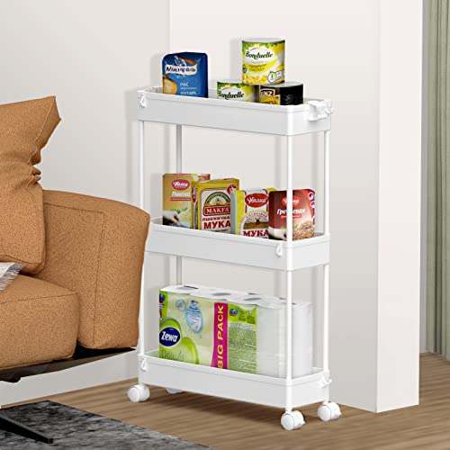 SPACELEAD Slim Storage Cart 3 Tier,Bathroom Organizer Rolling Utility, Mobile Shelving Unit Slide Out for Office, Kitchen, Laundry Room & Narrow Places,White - color: White