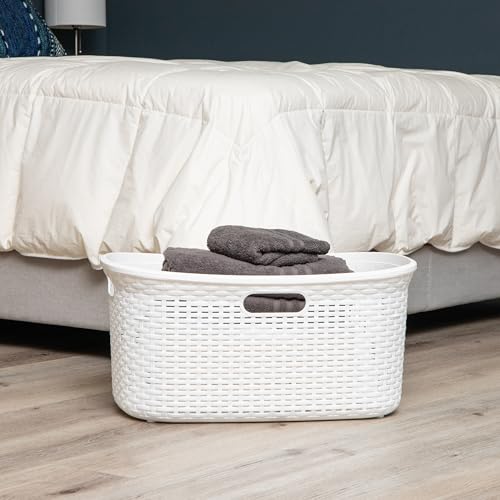 Mind Reader 40L Laundry Basket, Clothes Hamper, Wicker Design, Plastic, 23"L x 14.5"W x 11"H, Set of 2, White - color: White