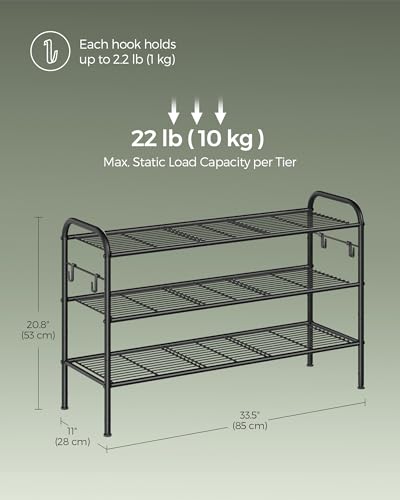 SONGMICS Shoe Rack, 3-Tier Shoe Organizer, Metal Shoe Shelf Storage with 4 Side Hooks, Holds 16 Pairs of Shoes, Height-Adjustable Shoe Rack for Entryway, Hallway, Closet, Ink Black ULMR138B01 - color: Ink Black, size: 3 Tiers (33.5"W)