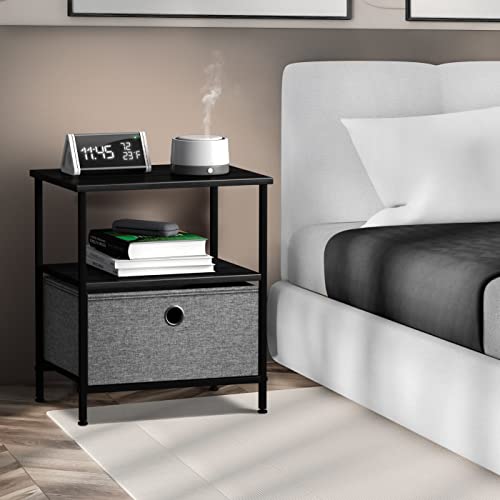 Sorbus Nightstand 1-Drawer Shelf Storage - Bedside Furniture & End Table Chest Dresser with Steel Frame, Wood Top & Easy Pull Fabric Bins for Home, Bedroom, Closets, Bathroom, Office & College Dorm - color: Black/Charcoal, style: 1 Drawer