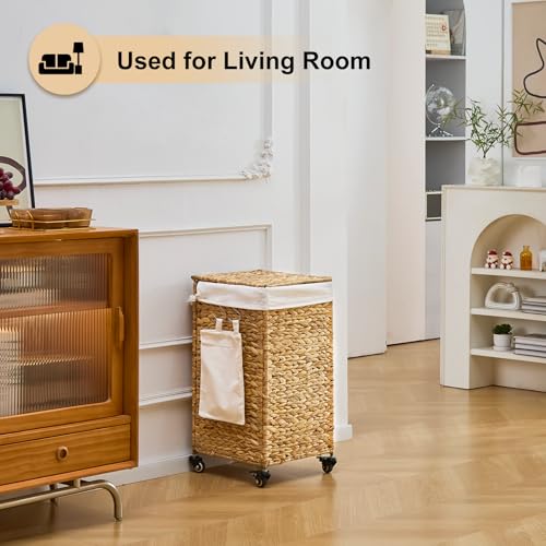 Handwoven Hamper with Lid, Laundry Basket with Wheels, Machine Washable Liner, Clothes Hamper for Bathroom Laundry Room Bedroom(Natural, 78L) - color: Natural/With Lid/78L