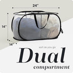 Foldable Laundry Basket - Popup and Collapsible, Durable Mesh Material, Folds for Storage, Easy Carry Handles - Great Hamper for College Dorm, Laundry Room or Travel (White-Black, 2-Compartments)