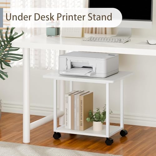 MARTY 22"x15.75" Large Under Desk Printer Stand with Storage Shelf 2-Tier Rolling Printer Cart with Wheels Printer Table for Home Office Heavy Duty Storage Rack for Scanner Fax Machine, White - color: White
