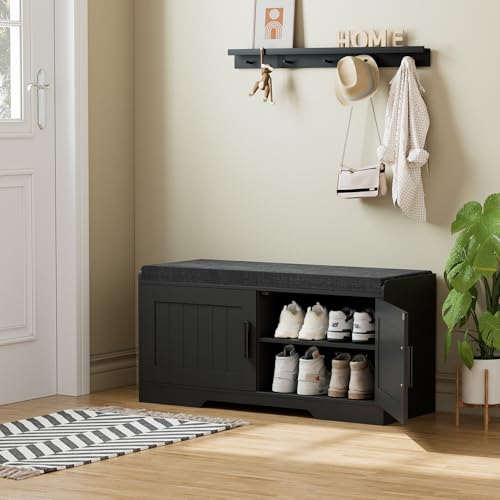 Homleke 2-Tier Storage Bench, Shoe Bench with Thickened Padded Seat Cushion, Entryway Bench with 2 Doors, Adjustable Shelf, 13.8" D x 37.4" W x 18.5" H, for Entryway, Living Room, Bedroom, Black - color: Black, size: 37.4"