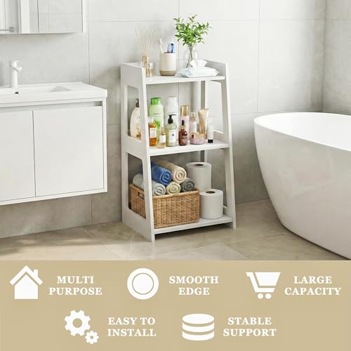 3-Tier Bathroom Ladder Shelf Freestanding, White Floor Shelves Open Shelving Unit, Small Bookshelf Nightstand for Home Study Laundry Room (11.8" D x 15.7" W x 27.6" H) - size: 11.8"D x 15.7"W x 27.6"H
