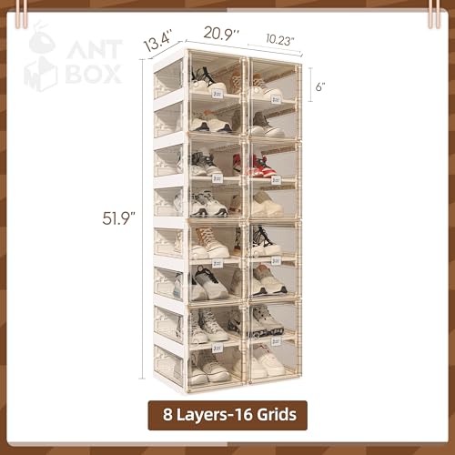 ANTBOX Foldable Shoe Rack,Shoe Organizers for Closet Plastic Shoe Storage Box for Entryway,Living Room,Large Sturdy Stackable Sneaker Cabinet Bins with Magnetic Clear Door 8 Tiers 16 Pairs - color: Brown, size: 8 Tiers 16 Pairs