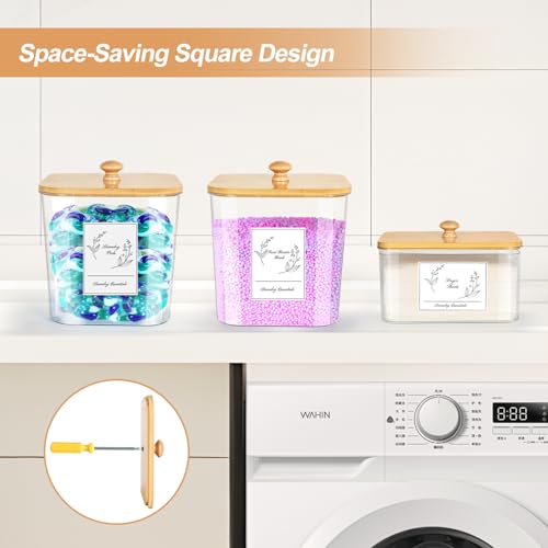 COAZEX 3 Pack Plastic Laundry Pods Container & Dryer Sheet Holder, Laundry Room Organization and Storage Jars with Lids, Scoops & Labels for Detergent, Powder, Scent Booster - color: D-2+1 Pack