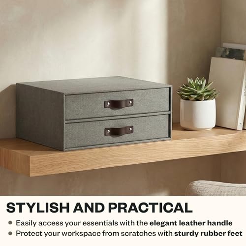 Bigso Birger 2-Drawer Canvas Fiberboard Easy Pull Handle Document Letter Box | Desktop Drawers for Loose Papers and Documents | Desktop Storage Drawers with Leather Handles | 13.1” x 10” x 5.7” | Grey - color: Grey