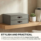 Bigso Birger 2-Drawer Canvas Fiberboard Easy Pull Handle Document Letter Box | Desktop Drawers for Loose Papers and Documents | Desktop Storage Drawers with Leather Handles | 13.1” x 10” x 5.7” | Grey - color: Grey