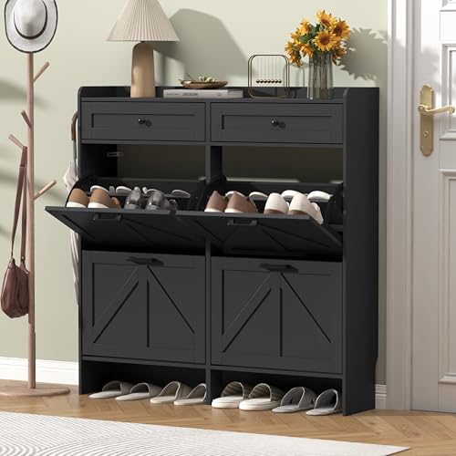 Thacuok Shoe Cabinet with 4 Flip Drawers & 2 Storage Drawers, Rustic Farmhouse Narrow Shoe Organizer Cabinet, Slim Shoe Rack Cabinet, Shoe Storage Cabinet for Entryway, Hallway, Front Door - color: Black, size: 4 Drawers