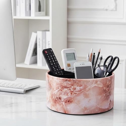 Remote Control Holder, 360°Spinning PU Leather Desk TV Remote Caddy,Desk Storage Box Room Accessories for Controller, Media,Mail,Calculator, Mobile Phone,Pencil(1-Big Marble Pink) - color: 1-Big Marble Pink