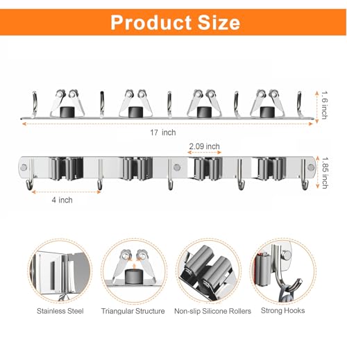 CUXIXA 2 Pack Mop and Broom Holder Wall Mount, Non-slip Broom Hanger Wall Mount, Heavy Duty Mop Broom Organizer for Kitchen Garden Garage Laundry Room Wall Decor Organization and Storage Silver 4R5H - color: Silver, size: 2Pack 4R5H