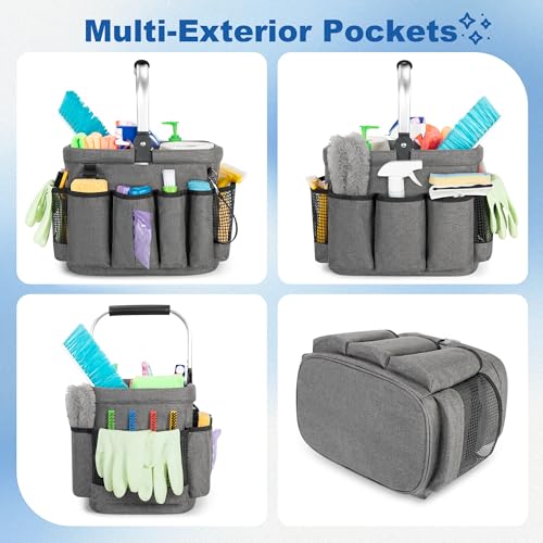 PGmoon Cleaning Caddy Organizer with Handle, Cleaning Tote Bag with Multiple Pockets for Cleaning Supplies, Products Storage, Housekeepers, Car Cleaning, Grey - color: Grey