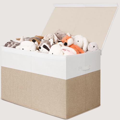INDRESSME 26"x17"x17" Large Toy Box, Toy Storage Organizer Collapsible Storage Bins with Lids Toy Chest for Nursery, Playroom, Living Room, Toy Baskets Storage Kids, Boys Girls (Beige & White) - color: Beige & White, size: 26"x17"x17"