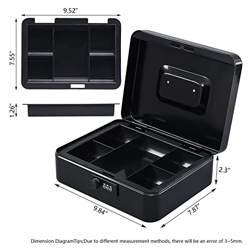 KYODOLED Large Cash Box with Combination Lock Safe Metal Money Box with Money Tray for Security Lock Box 9.84"x 7.87"x 3.54" Black - color: Black, size: Large