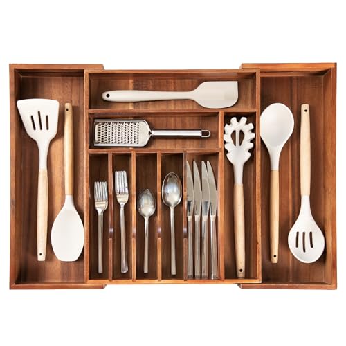 KitchenEdge Premium Silverware, Flatware and Utensil Organizer for Kitchen Drawers, Expandable 14.5 to 25 Inches Wide, 10 Compartments, Food-Safe Premium Acacia Wood Finish Kitchen Storage Tray - color: Natural Acacia, size: From 14.5" to 25" wide