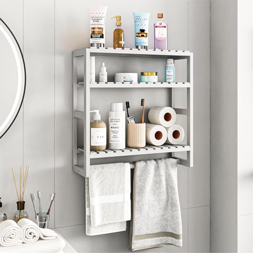 Galood Over The Toilet Storage Bathroom Shelves Wall Mounted 3 Tier Space Saver Corner Shelf Organizer Bamboo Towel Rack Toilet Paper Cabinet with Hanging Rod White - color: White 1pack, size: Standard