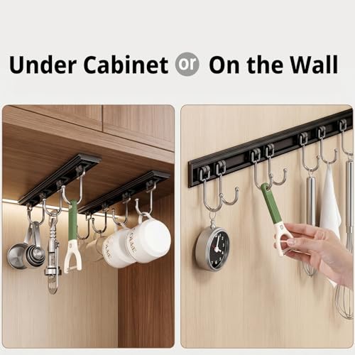 Cociat 2pcs Utensil Racks with 6 Hooks 11 Inch Mug Holder Under Cabinet Kitchen Utensil Holders Multifunctional (11 inch) - color: BLACK, size: 11inch & 6 hooks