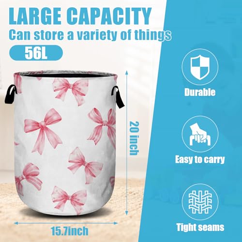 Pink Bow Laundry Basket, Laundry Hamper Collapsible Oxford Cloth with Handle Clothes Toy Storage Bin for Bathroom Laundry Room Bedroom 15.7 X 20 Inch - color: Pink Bow