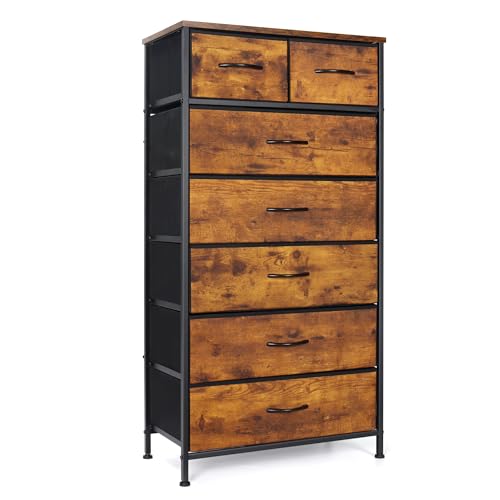 Mifuro Tall Dresser for Bedroom, Vertical Storage Organizer Tower with 7 Drawers, Chest of Drawers with Fabric Bins, Steel Frame, Wood Top for Bedroom, Closet, Entryway- Rustic Brown - color: Rustic Brown, size: 7 Drawers