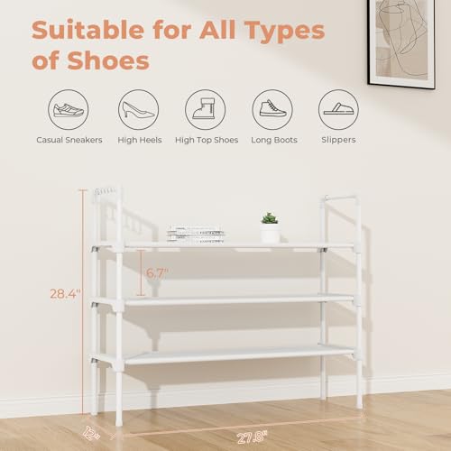LANTEFUL 3 Tier Shoe Rack for Closet, Shoe Organizer with 5 Hooks, Long Shoe Shelf Storage for Shoe and Boot Stackable Free Standing Shoe Rack for Entryway, Garage, Small Spaces, Dorm, White - color: White, size: 27.8"W - 3 Tier