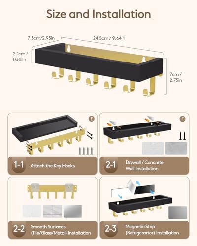 Key Holder Wall Mount Adhesive Magnetic - Hanging Key Hooks with Tray for Wallet House Accessories - Keys Hanger Rack with Shelf for Camper Entryway Door Home Living Room Decor Black Gold - color: Gold Black, size: Medium
