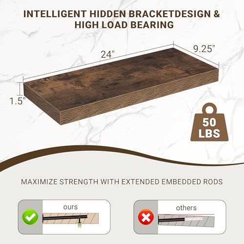 Acovy 24 Inch Floating Shelves, 3D Textured 24"x9.25"x1.5" Inch Deep Floating Shelves for Wall, Wooden Shelves for Bathroom, Bedroom, Living Room, Brown, 2 Pieces - color: Brown, size: 24"x9.25"-2pcs