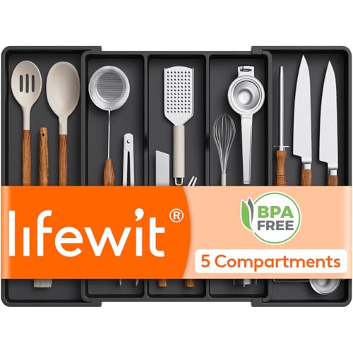 Lifewit Utensil Organizer for Kitchen Drawers, Expandable Cooking Utensil Tray, Adjustable Cutlery Silverware Flatware Holder, Plastic Spatula Tools Storage Divider, 16- 28 x 18.5", Black - color: Black, size: XL(16-28''W x 18.5''D)