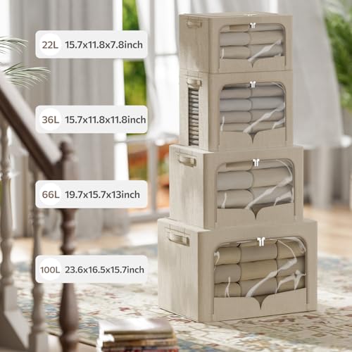 FHSQX 3 Pack Clothes Storage Bins Foldable Metal Frame Storage Box Extra Large Stackable Linen Fabric Organizer Set with Carrying Handles and Clear Window (Beige, 23.6x16.5x15.7inch(100L)) - color: Beige, size: 23.6x16.5x15.7inch(100L)