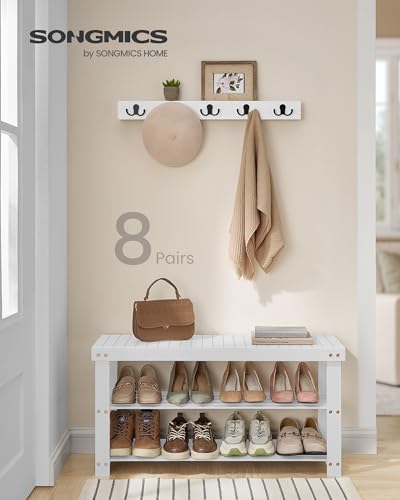 SONGMICS Shoe Rack Bench, 3-Tier Bamboo Shoe Storage Organizer, Entryway Bench, Holds Up to 286 lb, 11.3 x 35.4 x 17.8 Inches, for Entryway Bathroom Bedroom, Cloud White ULBS090W01 - color: Cloud White, size: 35.4"W