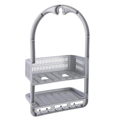 Bath Bliss Molded Shower Caddy | Bathroom Storage | Hangs Over Shower Head | 6 Accessory Hooks | Holds Razors | Washcloths | Accessories | Suction Cup Stability | Grey