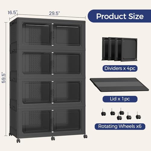 160GAL Storage Bins with Lid and Wheels, Collapsible Storage Box with Dividers, Foldable Plastic Cabinets for Room Kitchen, Stackable Closet Organizers and Storage Drawer, 4 Pack Black - color: Black, size: 40Gal-4Pack