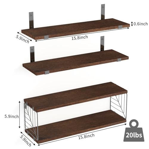 Fixwal Bathroom Floating Shelves Over Toilet, 15.8in Farmhouse Rustic Wood Shelves, Wall Decor for Bathroom, Living Room, Bedroom and Kitchen (3 Plus 1 Tier Dark Brown) - color: Dark Brown