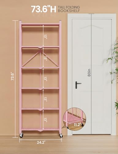 ALANNG 73.6 Inch Folding Bookshelf, 6 Tier Metal Bookcase and Bookshelves, Tall Shelves for Living Room Office Bedroom, Heavy Duty Book Shelve Free Standing Open (Pink, 1PACK) - color: Pink