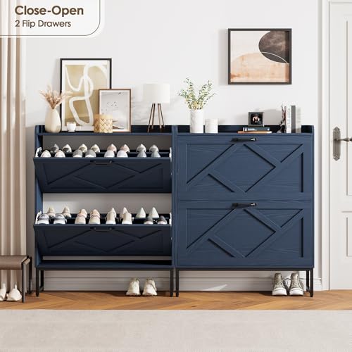 Nicetree Shoe Storage Cabinet, Shoe Cabinet with 2 Flip Drawers, Narrow Shoe Rack Cabinet, Farmhouse Slim Shoe Cabinet Storage for Entryway,Blue - color: Navy Blue, style: 2-Drawers