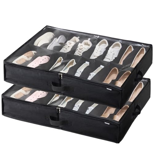 VEVOR Under Bed Shoe Storage Organizer, Set of 2, Total 32 Compartments, Underbed Shoes Closet Storage Solution with Clear Window, Breathable, Foldable Fabric Container Box with Reinforced Handles - color: Black, size: 31.5"L x 23.6"W x 5.9"H