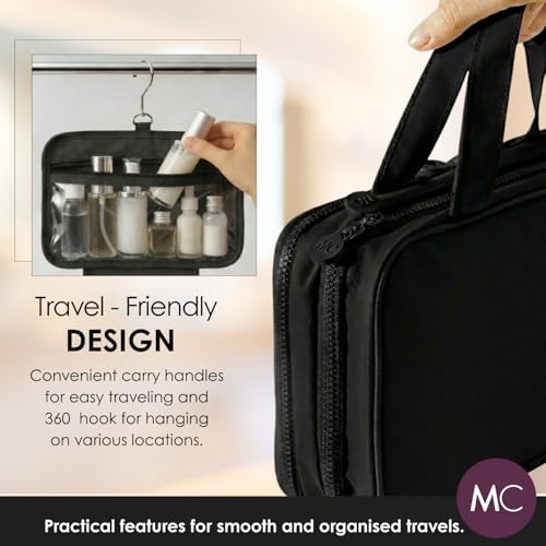 Travel Toiletry Bag for Men & Women, Large Capacity Makeup Organizer & Cosmetic Bag, Water-Resistant Portable Essentials Case with Metal Hook & Carry Handle - Perfect for Travel Use (Black, Large) - color: Black, size: Large
