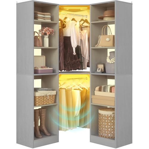 Besiost Corner Closet System with 2 Motion Sensor Lights, 39.2" Corner Closet Organizer with 12 Shelves, Closet Corner with 2 Hanging Rods, Versatile 6-Tier Walk-in Closets for Corner Space, Grey - color: Grey, size: 39.2" - With 2 Sensor Lights