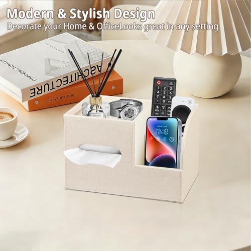 Leather Square Tissue Box Cover with Storage Tray,Cube Tissue Box Holder,Modern Facial Paper Organizer with Remote Control Holder for Bathroom,Vanity Countertop,End Table NightStand Home Office.Beige - color: Beige