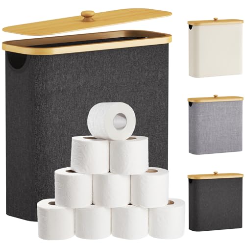 Lifewit Toilet Paper Storage Holder for 12 to 16 Rolls, Free Standing Toilet Paper Basket Stand with Bamboo Lid, Collapsible Fabric Bathroom Organizer Box for Mega Rolls, 30L, Extra Large, Dark Gray - color: Dark Gray, size: 30L