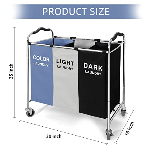 Laundry Basket, Large Laundry Hamper with Wheels, 3 Section Laundry Bag Organizer for Dirty Clothes; Dorm Room Essentials, Towel & Toys Storage Laundry Cart in Laundry Room Organization -BLUE - color: Blue