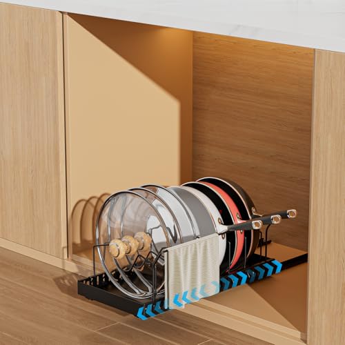 Pots and Pans Organizer Under Cabinet, Pull-out Pots and Pans Organizer, Under Cabinet Pot Lid Holder, Sliding type Pots and Pans Storage with 8 Adjustable Dividers & Handle Bracket - Black - color: Black, size: 8 Dividers-1 Pack