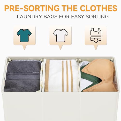 WOWLIVE 180L Laundry Hamper with Lid 3 Section,Large Laundry Basket with Removable Bags and Handles,Collapsible Dirty Clothes Hampers for Laundry,Laundry Basket Organizer for Laundry Room,Dorm,Beige - color: Beige, size: 180L (31.5"L x 12.5"W x 28"H)