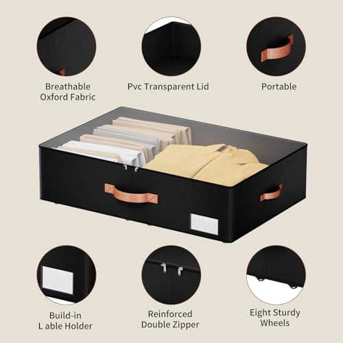 Underbed Storage With Wheels,Large Capacity 7.5 inches Height Storage Bins,Rolling Underbed Shoe Storage Containers,dorm Storage Drawers for clothes & blankets - color: black, size: 7.5inch height