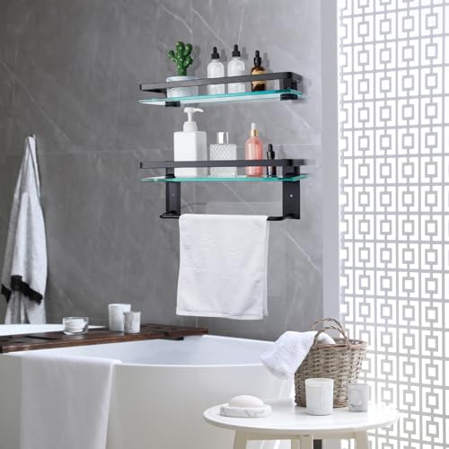 Suzile Set of 2 Glass Bathroom Shelves with Bar, Wall Mounted 15.7 x 4.7 Inches, Bathroom Shelves Hanging Modern Floating Shelf Metal Stick Room Rustproof Organizer Decorative(Black) - color: Black