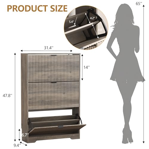 HUANLEGO Shoe Cabinet Storage for Entryway with 3 Flip Drawers, Grey Fluted Shoe Cabinet with Adjustable Shelves, Wooden Hidden Shoe Rack Freestanding Narrow Slim Shoes Storage for Hallway, Entrance - color: Grey, size: 3 Drawer