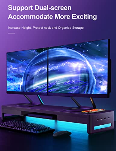 meatanty Dual Monitor Stand Riser with 2 Drawers,4 USB Ports and Charging Pad,Metal Monitor Stand for 2 Monitors Supports Transfer Data and Charging,Desk Organizer for PC,iMac(38.7 inches) - size: Extra-Large, style: Wireless Charger Version