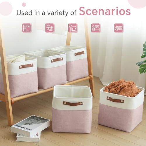 FinishingBo Cube Storage Baskets 6 Pack, 11x11 inch Cube Storage Bins with Leather Handles for Shelf Closet (White/ Pink) - color: White/Pink