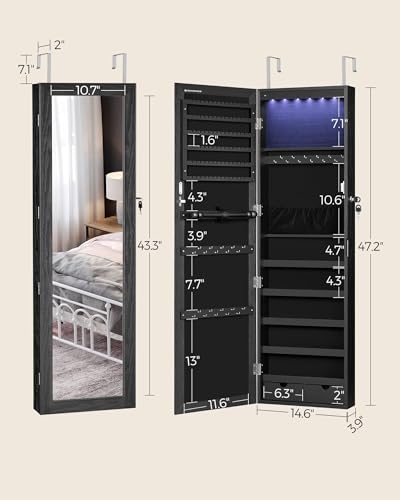 SONGMICS 6 LEDs Mirror Jewelry Cabinet, 47.2-Inch Tall Lockable Wall or Door Mounted Jewelry Armoire Organizer with Mirror, 2 Drawers, 3.9 x 14.6 x 47.2 Inches, Black UJJC093B01 - color: Black